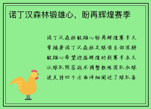 诺丁汉森林锻雄心，盼再辉煌赛季